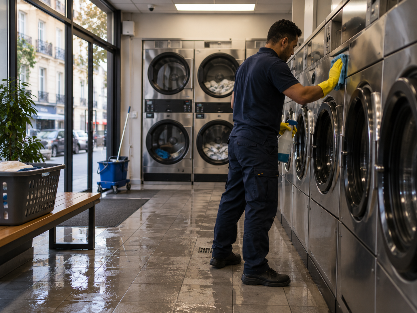 Agent JSB Nettoyage nettoyant une machine dans une laverie automatique à Paris
